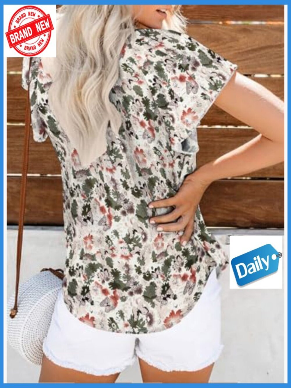 Boho Floral V-Neck Blouse, Short Sleeve Summer Top, Loose Fit - Picture 4 of 7